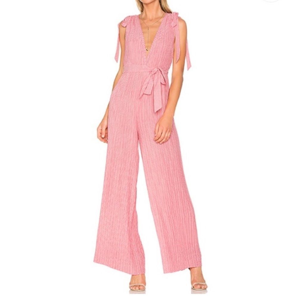 Anthropologie Pink Pleated Tie-Shoulder Jumpsuit